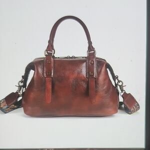 Brown Leather Satchel with Vintage Finish. The SHOULDER Strap Is EMBROIDERED.